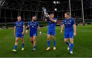 12 September 2020; Leinster players, from left, Rory O'Loughlin, Andrew Porter, Garry Ringrose, holding the PRO14 trophy, and James Tracy, following their victory in the Guinness PRO14 Final match between Leinster and Ulster at the Aviva Stadium in Dublin. Photo by Ramsey Cardy/Sportsfile