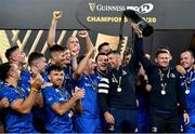 12 September 2020; Rob Kearney, left, and Fergus McFadden of Leinster lift the trophy following their victory in the the Guinness PRO14 Final match between Leinster and Ulster at the Aviva Stadium in Dublin. Photo by Ramsey Cardy/Sportsfile