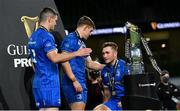 12 September 2020; Jonathan Sexton, left, Garry Ringrose, centre, and Jordan Larmour of Leinster following their victory in the Guinness PRO14 Final match between Leinster and Ulster at the Aviva Stadium in Dublin. Photo by Ramsey Cardy/Sportsfile