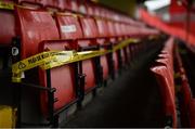 12 September 2020; COVID-19 tape is seen on the seating in the main stand ahead of the SSE Airtricity League Premier Division match between St. Patrick's Athletic and Sligo Rovers at Richmond Park in Dublin. Photo by Ben McShane/Sportsfile