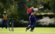 13 September 2020; Harry Tector of YMCA is bowled by Rudolph Pollard of Cork County during the All-Ireland T20 Semi-Final match between YMCA and Cork County at Pembroke Cricket Club in Dublin. Photo by Sam Barnes/Sportsfile