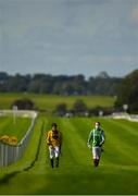 13 September 2020; Jockeys Shane Foley, left, and Colin Keane walk the course prior to the Irish Stallion Farms EBF 'Bold Lad' Sprint Handicap during day two of The Longines Irish Champions Weekend at The Curragh Racecourse in Kildare. Photo by Seb Daly/Sportsfile