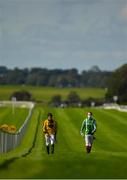 13 September 2020; Jockeys Shane Foley, left, and Colin Keane walk the course prior to the Irish Stallion Farms EBF 'Bold Lad' Sprint Handicap during day two of The Longines Irish Champions Weekend at The Curragh Racecourse in Kildare. Photo by Seb Daly/Sportsfile