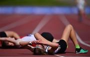 13 September 2020; Joanne Loftus of Moy Valley AC, Mayo, who finished second, recovers after competing in the Junior Women's 3000m during day two of the Irish Life Health National Junior Track and Field Championships at Morton Stadium in Santry, Dublin. Photo by Ben McShane/Sportsfile