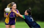 12 September 2020; Mia Jennings of Kilmacud Crokes in action against Lorna Fuscardi of Foxrock Cabinteely during the Dublin County Senior Ladies Football Championship Final match between Foxrock Cabinteely and Kilmacud Crokes at Lawless Memorial Park in Fingallians GAA, Swords, Dublin. Photo by Piaras Ó Mídheach/Sportsfile