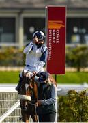 13 September 2020; Jockey Tom Evans celebrates as he enters the winners enclosure after riding Glass Slippers to victory in the Derrinstown Stud Flying Five Stakes during day two of The Longines Irish Champions Weekend at The Curragh Racecourse in Kildare. Photo by Seb Daly/Sportsfile