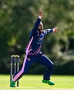 13 September 2020; Simi Singh of YMCA celebrates the wicket of Harvey Wootton of Cork County during the All-Ireland T20 Semi-Final match between YMCA and Cork County at Pembroke Cricket Club in Dublin. Photo by Sam Barnes/Sportsfile