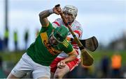 13 September 2020; Kevin Molloy of Dunloy is tackled by Chris O'Connell of Loughgiel during the Antrim County Senior Hurling Championship Final match between Dunloy Cuchullains and Loughgiel Shamrocks at Páirc Mhic Uilín in Ballycastle, Antrim. Photo by Brendan Moran/Sportsfile