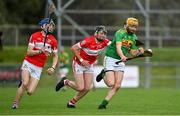 13 September 2020; Phelim Duffin of Dunloy races clear of James McNaughton, left, and Declan mcCloskey of Loughgiel during the Antrim County Senior Hurling Championship Final match between Dunloy Cuchullains and Loughgiel Shamrocks at Páirc Mhic Uilín in Ballycastle, Antrim. Photo by Brendan Moran/Sportsfile