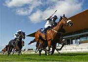 13 September 2020; Jockey Tom Evans celebrates as he passes the post after riding Glass Slippers to victory in the Derrinstown Stud Flying Five Stakes during day two of The Longines Irish Champions Weekend at The Curragh Racecourse in Kildare. Photo by Seb Daly/Sportsfile