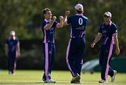 13 September 2020; Curtis Campher of YMCA, left, celebrates with Rory Anders after bowling Alex Gasper of Cork County LBW during the All-Ireland T20 Semi-Final match between YMCA and Cork County at Pembroke Cricket Club in Dublin. Photo by Sam Barnes/Sportsfile