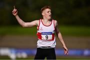 13 September 2020; Conor Hoade of Galway City Harriers AC celebrates after winning the Junior Men's 400m Hurdles during day two of the Irish Life Health National Junior Track and Field Championships at Morton Stadium in Santry, Dublin. Photo by Ben McShane/Sportsfile