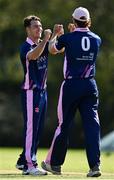 13 September 2020; Curtis Campher of YMCA, left, celebrates with Rory Anders after bowling Alex Gasper of Cork County LBW during the All-Ireland T20 Semi-Final match between YMCA and Cork County at Pembroke Cricket Club in Dublin. Photo by Sam Barnes/Sportsfile