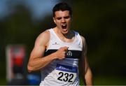 13 September 2020; Louis O'Loughlin of Donore Harriers, Dublin, celebrates after winning the Junior Men's 800m during day two of the Irish Life Health National Junior Track and Field Championships at Morton Stadium in Santry, Dublin. Photo by Ben McShane/Sportsfile