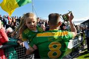 13 September 2020; Dunloy captain Paul Shields, carrying his daughter Ada, celebrates with the cup after the Antrim County Senior Hurling Championship Final match between Dunloy Cuchullains and Loughgiel Shamrocks at Páirc Mhic Uilín in Ballycastle, Antrim. Photo by Brendan Moran/Sportsfile