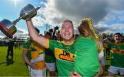 13 September 2020; Dunloy captain Paul Shields, carrying his daughter Ada, celebrates with the cup after the Antrim County Senior Hurling Championship Final match between Dunloy Cuchullains and Loughgiel Shamrocks at Páirc Mhic Uilín in Ballycastle, Antrim. Photo by Brendan Moran/Sportsfile