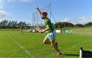 13 September 2020; Eoin O'Neill of Dunloy celebrates scoring a late point during the Antrim County Senior Hurling Championship Final match between Dunloy Cuchullains and Loughgiel Shamrocks at Páirc Mhic Uilín in Ballycastle, Antrim. Photo by Brendan Moran/Sportsfile