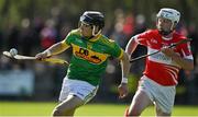 13 September 2020; Chrissy McMahon of Dunloy in action against Tiernan Coyle of Loughgiel during the Antrim County Senior Hurling Championship Final match between Dunloy Cuchullains and Loughgiel Shamrocks at Páirc Mhic Uilín in Ballycastle, Antrim. Photo by Brendan Moran/Sportsfile