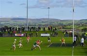 13 September 2020; Shan McGrath of Loughgiel in action against Paul Shields of Dunloy during the Antrim County Senior Hurling Championship Final match between Dunloy Cuchullains and Loughgiel Shamrocks at Páirc Mhic Uilín in Ballycastle, Antrim. Photo by Brendan Moran/Sportsfile