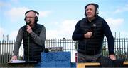 13 September 2020; BBC Radio Foyle commentators Eric White and Liam Coyle, right, broadcast from pitchside during the SSE Airtricity League Premier Division match between Finn Harps and Derry City at Finn Park in Ballybofey, Donegal. Photo by Stephen McCarthy/Sportsfile