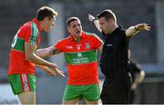 13 September 2020; Ballymun Kickhams players Dean Rock, left, and Davey Byrne appeal to referee James King as he awards them a penalty, after not allowing a goal scored by James McCarthy after the foul, during the Dublin County Senior Football Championship Semi-Final match between Ballymun Kickhams and Kilmacud Crokes at Parnell Park in Dublin. Photo by Piaras Ó Mídheach/Sportsfile