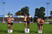 13 September 2020; Competitors of the Junior and Senior Decathlon, from left, Joseph Mc Evoy of Nenagh Olympic AC, Tipperary, Michael Healy of Youghal AC, Cork, Diarmuid O'Connor of Bandon AC, Cork, Rolus Olusa of Clonliffe Harriers AC, Dublin, Twin Brothers Tristan and Dylan Chambers of Bandon AC, Cork, and Mark Tierney of Nenagh Olympic AC, Tipperary, with their medals following day two of the Irish Life Health Combined Event Championships at Morton Stadium in Santry, Dublin. Photo by Ben McShane/Sportsfile