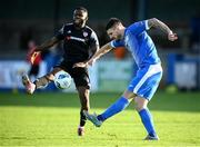 13 September 2020; Stephen Folan of Finn Harps in action against James Akintunde of Derry City during the SSE Airtricity League Premier Division match between Finn Harps and Derry City at Finn Park in Ballybofey, Donegal. Photo by Stephen McCarthy/Sportsfile