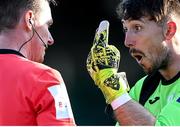 13 September 2020; Finn Harps goalkeeper Mark McGinley appeals to referee Damien MacGraith during the SSE Airtricity League Premier Division match between Finn Harps and Derry City at Finn Park in Ballybofey, Donegal. Photo by Stephen McCarthy/Sportsfile