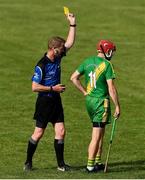 13 September 2020; The O'Callaghan's Mills captain Bryan Donnellan is shown a yellow card by referee Wayne King during the Clare County Senior Hurling Championship Semi-Final match between Ballyea and O'Callaghan's Mills at Cusack Park in Ennis, Clare. Photo by Ray McManus/Sportsfile