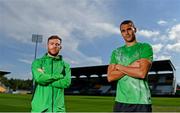 15 September 2020; Jack Byrne, left, and Graham Burke of Shamrock Rovers pose for a portrait following a Shamrock Rovers press conference at Tallaght Stadium in Dublin. Photo by Eóin Noonan/Sportsfile