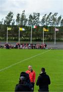 13 September 2020; Loughgiel Shamrocks manager Hugh McCann is interviewed by TG4 prior to the A the Antrim County Senior Hurling Championship Final match between Dunloy Cuchullains and Loughgiel Shamrocks at Páirc Mhic Uilín in Ballycastle, Antrim. Photo by Brendan Moran/Sportsfile