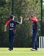 17 September 2020; Harry Tector of Northern Knights, right, celebrates with team-mate Graeme McCarter, 12, after catching out Curtis Campher of Leinster Lightning during the Test Triangle Inter-Provincial 50- Over Series 2020 match between Leinster Lightning and Northern Knights at Comber in Down. Photo by Sam Barnes/Sportsfile