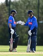 17 September 2020; Curtis Campher of Leinster Lightning, left, and Stephen Doheny bump fists during the Test Triangle Inter-Provincial 50- Over Series 2020 match between Leinster Lightning and Northern Knights at Comber in Down. Photo by Sam Barnes/Sportsfile
