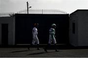 17 September 2020; Jockeys Ryan Treacy, right, and Donagh Meyler walk to the parade ring prior to the the Doneraile Walk Maiden Hurdle Division Two at Tramore Racecourse in Waterford. Photo by Harry Murphy/Sportsfile