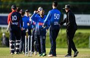 17 September 2020; Simi Singh of Leinster Lightning, centre, is congratulated by George Dockrell after bowling and catching Graeme McCarter of Northern Knights to win the game following the Test Triangle Inter-Provincial 50- Over Series 2020 match between Leinster Lightning and Northern Knights at Comber in Down. Photo by Sam Barnes/Sportsfile
