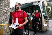 17 September 2020; Brian Gartland of Dundalk arrives with team-mates, with their medical certificate and passport in hand, ahead of the UEFA Europa League Second Qualifying Round match between Inter Escaldes and Dundalk at Estadi Comunal d'Andorra la Vella in Andorra. Photo by Manuel Blondeau/Sportsfile