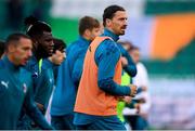 17 September 2020; Zlatan Ibrahimovic of AC Milan warms-up with his team-mates ahead of the UEFA Europa League Second Qualifying Round match between Shamrock Rovers and AC Milan at Tallaght Stadium in Dublin. Photo by Stephen McCarthy/Sportsfile