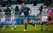 17 September 2020; Zlatan Ibrahimovic of AC Milan celebrates after scoring his side's first goal during the UEFA Europa League Second Qualifying Round match between Shamrock Rovers and AC Milan at Tallaght Stadium in Dublin. Photo by Seb Daly/Sportsfile