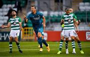 17 September 2020; Zlatan Ibrahimovic of AC Milan celebrates after scoring his side's first goal, as Shamrock Rovers players react, from left, Roberto Lopes and Lee Grace during the UEFA Europa League Second Qualifying Round match between Shamrock Rovers and AC Milan at Tallaght Stadium in Dublin. Photo by Seb Daly/Sportsfile