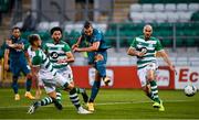 17 September 2020; Zlatan Ibrahimovic of AC Milan shoots to score his side's first goal, despite pressure from Shamrock Rovers players, from left, Lee Grace, Roberto Lopes and Joey O'Brien, during the UEFA Europa League Second Qualifying Round match between Shamrock Rovers and AC Milan at Tallaght Stadium in Dublin. Photo by Seb Daly/Sportsfile