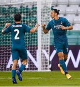 17 September 2020; Zlatan Ibrahimovic of AC Milan celebrates after scoring his side's first goal during the UEFA Europa League Second Qualifying Round match between Shamrock Rovers and AC Milan at Tallaght Stadium in Dublin. Photo by Stephen McCarthy/Sportsfile