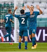 17 September 2020; Zlatan Ibrahimovic of AC Milan celebrates after scoring his side's first goal with team-mate Davide Calabria during the UEFA Europa League Second Qualifying Round match between Shamrock Rovers and AC Milan at Tallaght Stadium in Dublin. Photo by Stephen McCarthy/Sportsfile