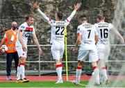 17 September 2020; David McMillan of Dundalk celebrates after scoring his side's first goal with team-mates, including Stefan Colovic, 22, during the UEFA Europa League Second Qualifying Round match between Inter Escaldes and Dundalk at Estadi Comunal d'Andorra la Vella in Andorra. Photo by Manuel Blondeau/Sportsfile