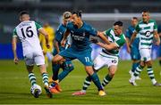 17 September 2020; Zlatan Ibrahimovic of AC Milan in action against Aaron McEneff, right, and Gary O'Neill of Shamrock Rovers during the UEFA Europa League Second Qualifying Round match between Shamrock Rovers and AC Milan at Tallaght Stadium in Dublin. Photo by Seb Daly/Sportsfile