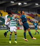 17 September 2020; Zlatan Ibrahimovic of AC Milan in action against Shamrock Rovers players Roberto Lopes, left, and Joey O'Brien during the UEFA Europa League Second Qualifying Round match between Shamrock Rovers and AC Milan at Tallaght Stadium in Dublin. Photo by Stephen McCarthy/Sportsfile