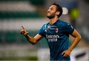 17 September 2020; Hakan Çalhanoglu of AC Milan celebrates after scoring his side's second goal during the UEFA Europa League Second Qualifying Round match between Shamrock Rovers and AC Milan at Tallaght Stadium in Dublin. Photo by Stephen McCarthy/Sportsfile