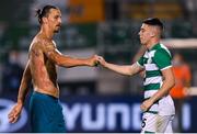 17 September 2020; Zlatan Ibrahimovic of AC Milan and Gary O'Neill of Shamrock Rovers following the UEFA Europa League Second Qualifying Round match between Shamrock Rovers and AC Milan at Tallaght Stadium in Dublin. Photo by Stephen McCarthy/Sportsfile