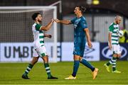 17 September 2020; Roberto Lopes of Shamrock Rovers and Zlatan Ibrahimovic of AC Milan following the UEFA Europa League Second Qualifying Round match between Shamrock Rovers and AC Milan at Tallaght Stadium in Dublin. Photo by Seb Daly/Sportsfile