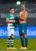 17 September 2020; Aaron Greene of Shamrock Rovers and Zlatan Ibrahimovic of AC Milan following the UEFA Europa League Second Qualifying Round match between Shamrock Rovers and AC Milan at Tallaght Stadium in Dublin. Photo by Seb Daly/Sportsfile