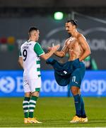 17 September 2020; Aaron Greene of Shamrock Rovers and Zlatan Ibrahimovic of AC Milan following the UEFA Europa League Second Qualifying Round match between Shamrock Rovers and AC Milan at Tallaght Stadium in Dublin. Photo by Seb Daly/Sportsfile